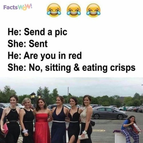 He: Send a pic She: Sent He: Are you in red She: No, sitting & eating crisps