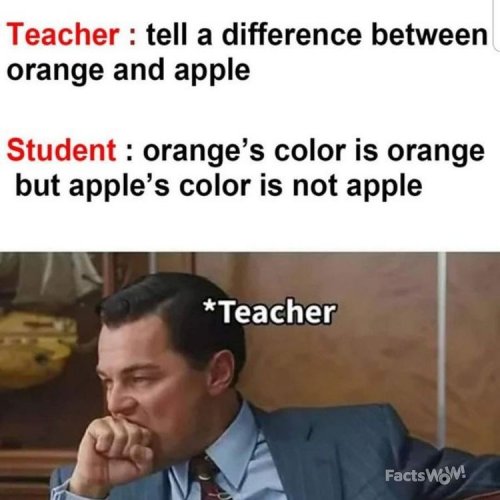 Teacher: tell a difference between orange and apple Student: orange's color is orange but apple's color is not apple *Teacher
